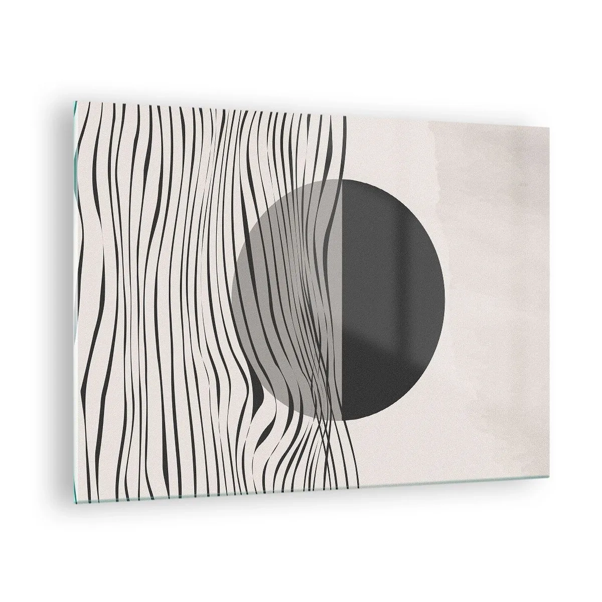 Billede på glas - Sorte bølger og en cirkel på en beige baggrund - 70x50cm - Halvkomposition - Moderne vægdekoration til stue og soveværelse ARTTOR