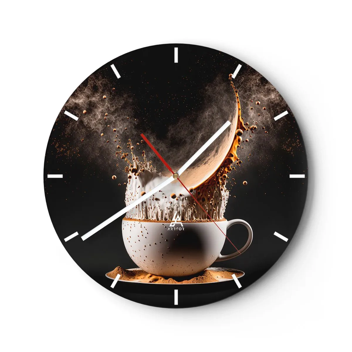 Vægur, Uret - Kaffe eksploderer fra en kop på en sort baggrund - 30x30cm - En eksplosion af smag - Moderne vægdekoration til stue, køkken og soveværelse ARTTOR