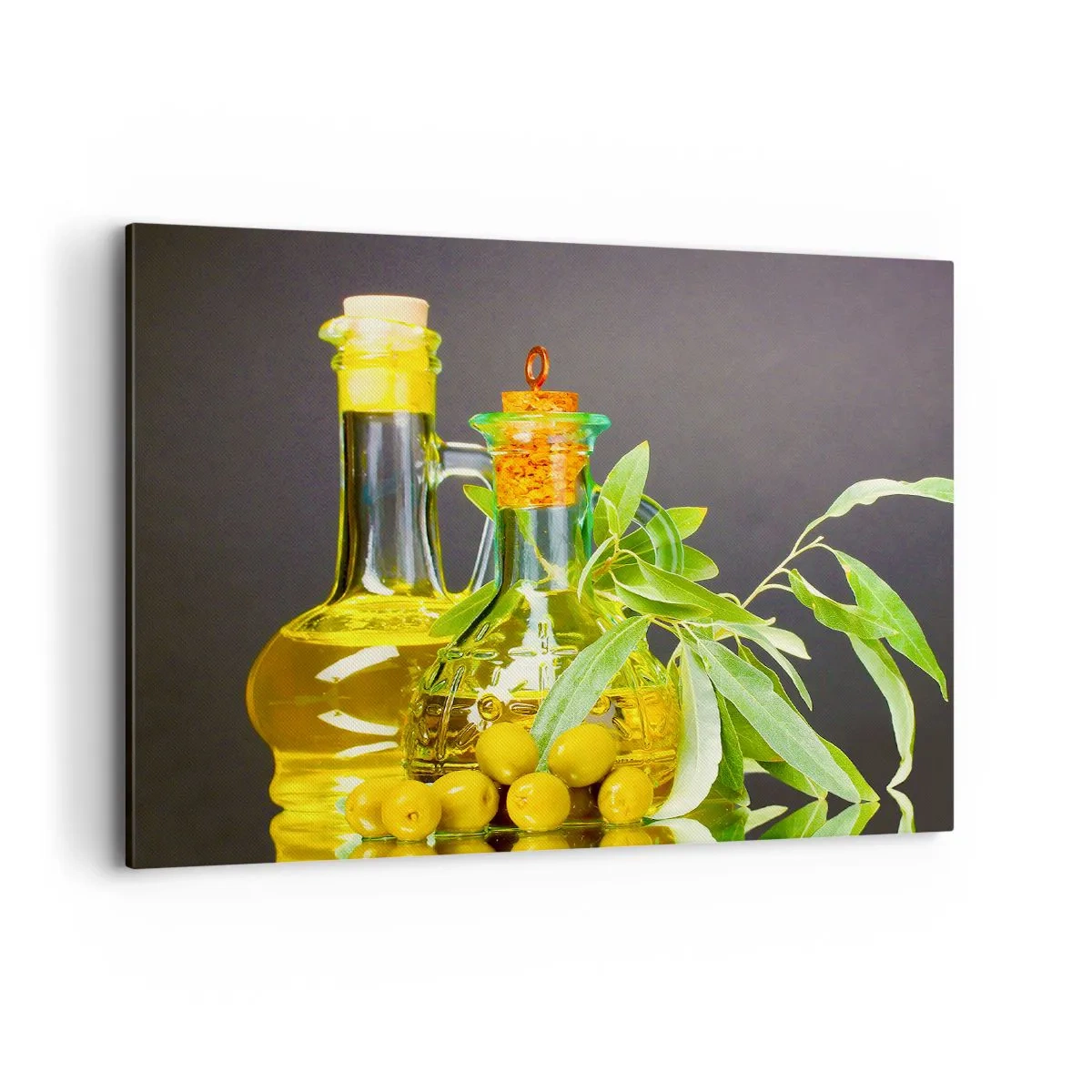 Lærredstryk - Billede på lærred - Stilleben med oliven og olie - 100x70 cm