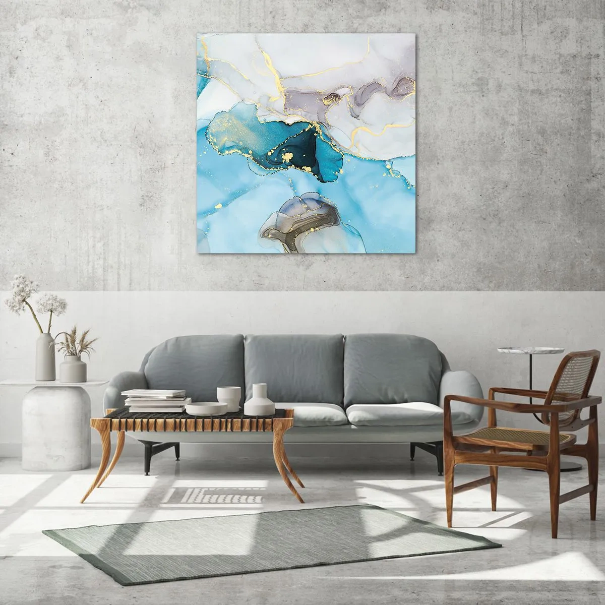 Billede på glas - En undersøgelse af mødet mellem grå og turkis - 70x70 cm