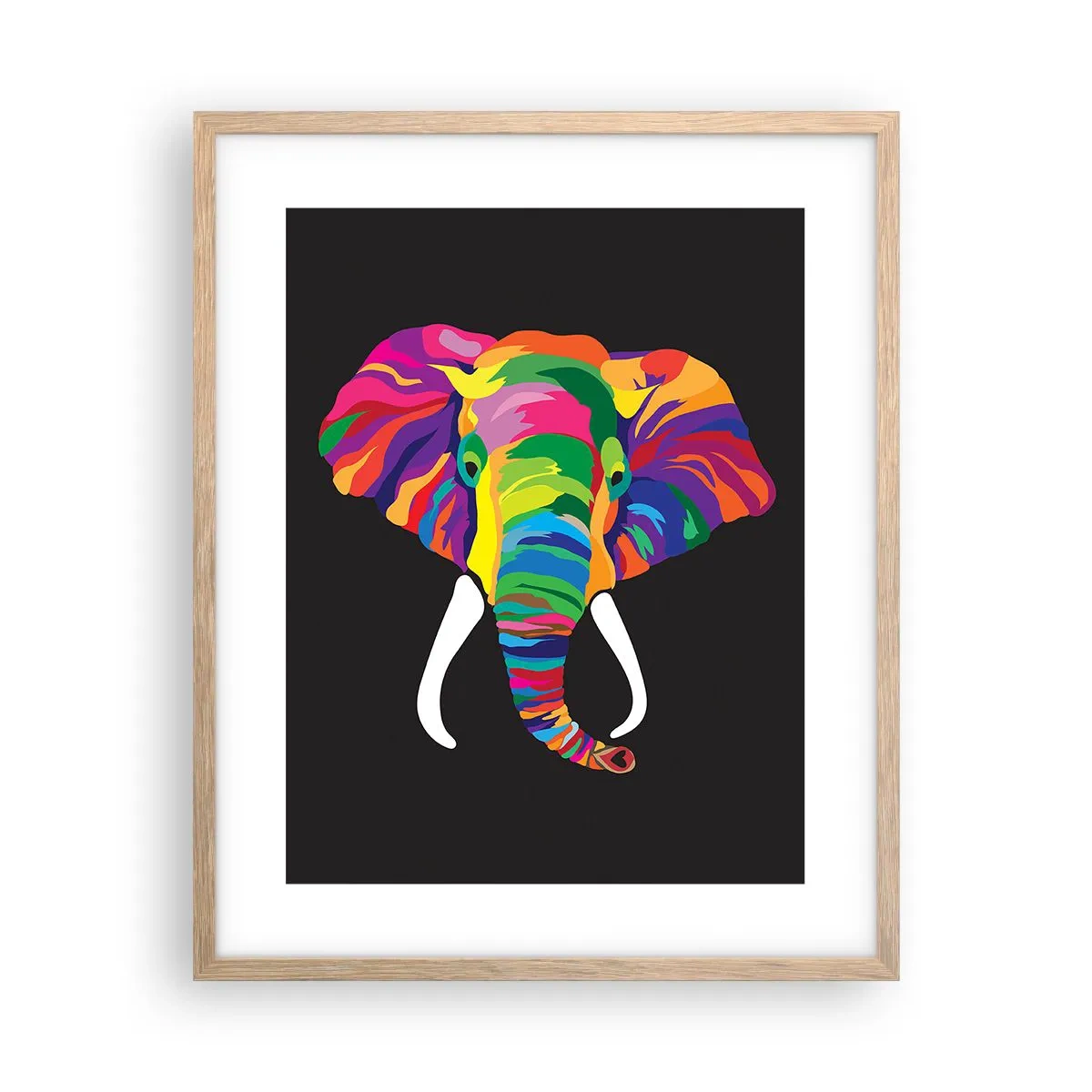 Plakat i ramme af lyst egetræ - Elefanten, der elskede at bade i regnbuen - 40x50 cm