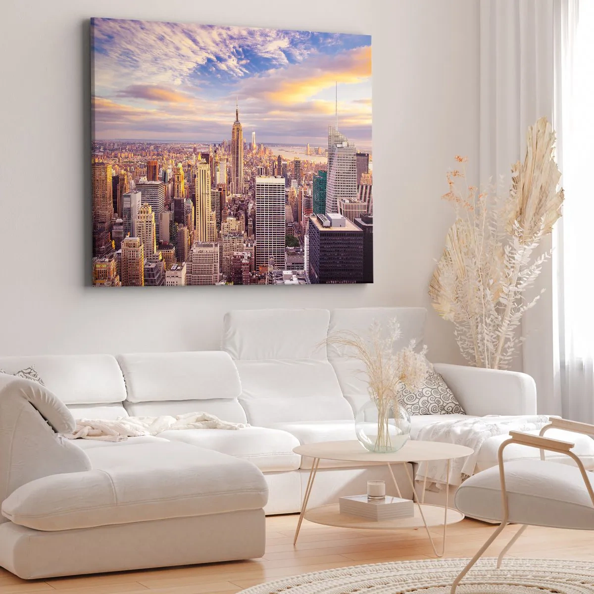 Lærredstryk - Billede på lærred - Panorama af en moderne by med skyskrabere ved solnedgang - 70x50cm - Ræk ud efter skyerne selv - Moderne vægdekoration til stue og soveværelse ARTTOR