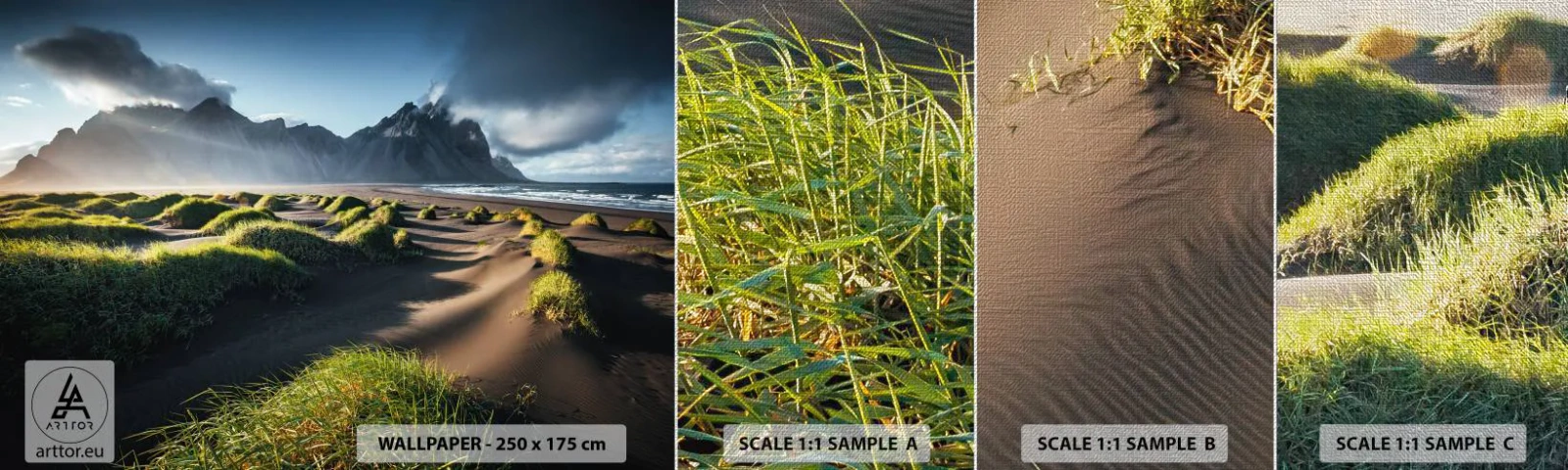 Prøve Fototapet Premium Canvas - Harmoni mellem elementerne - Landskab, Island, Bjerge - 100x30 cm