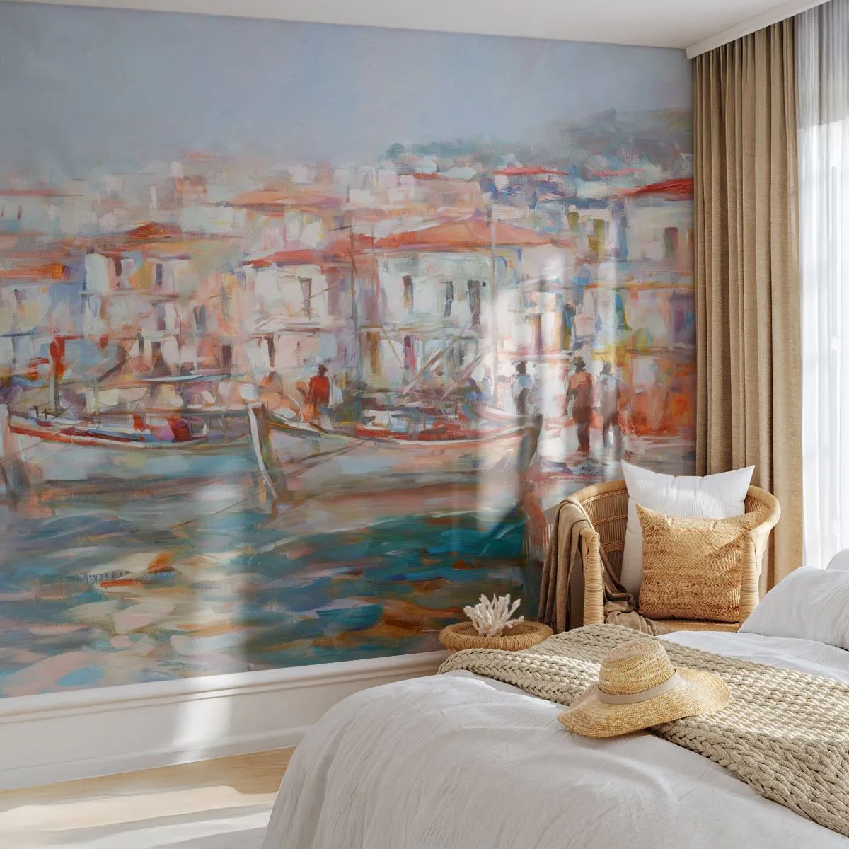 Fototapet Selvklæbende Deluxe Sticker - Pastelfarvede helligdage - Havneby, Arkitektur, Fiskebåd - 250x175 cm
