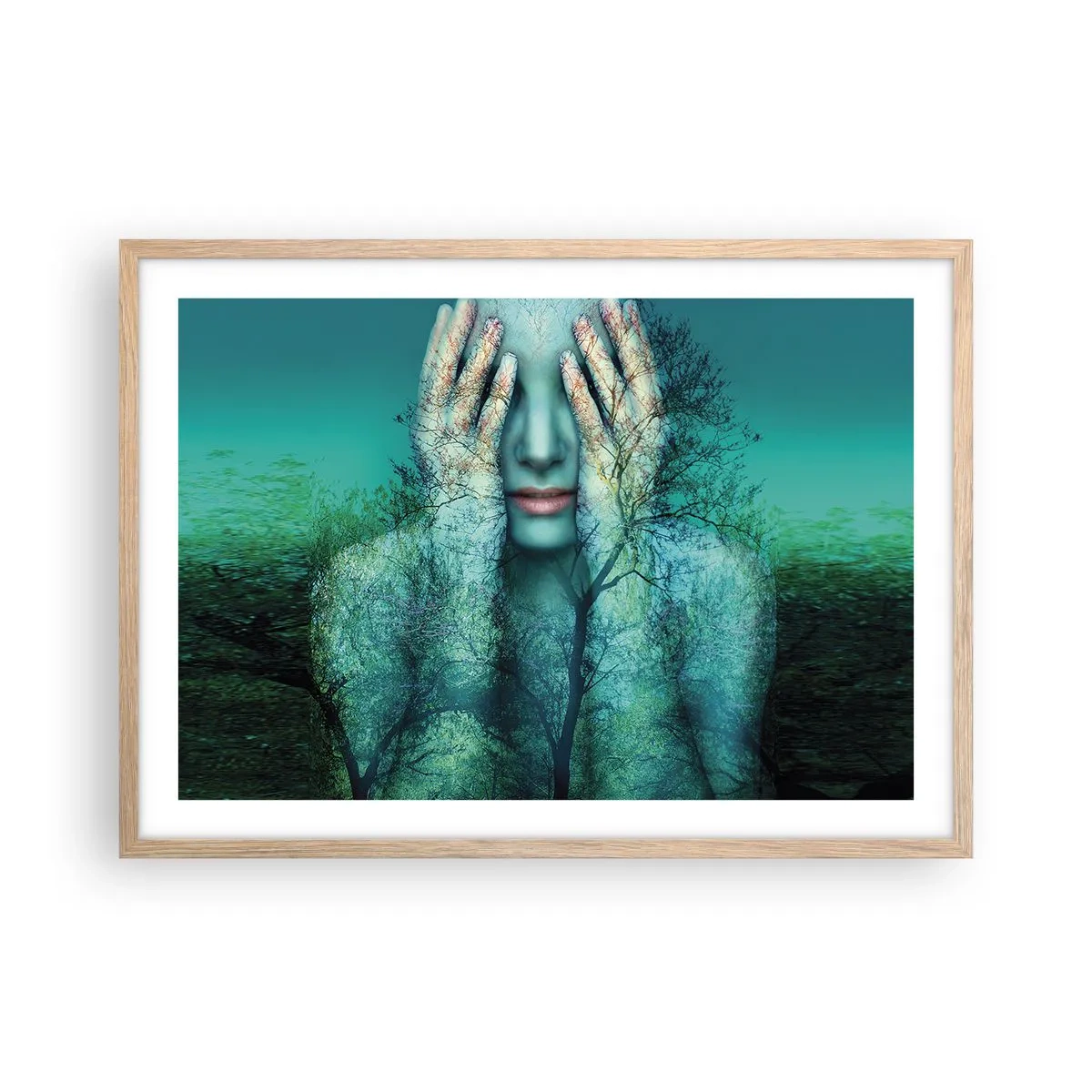 Plakat i ramme af lyst egetræ - Nedsænket i blåt - 70x50 cm