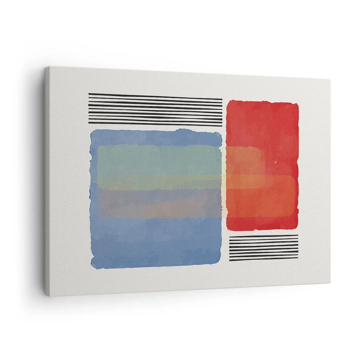 Lærredstryk - Billede på lærred - Geometrisk komposition med farvede blokke og linjer - 70x50cm - Geometriens ånd og bogstav - Moderne vægdekoration til stue og soveværelse ARTTOR
