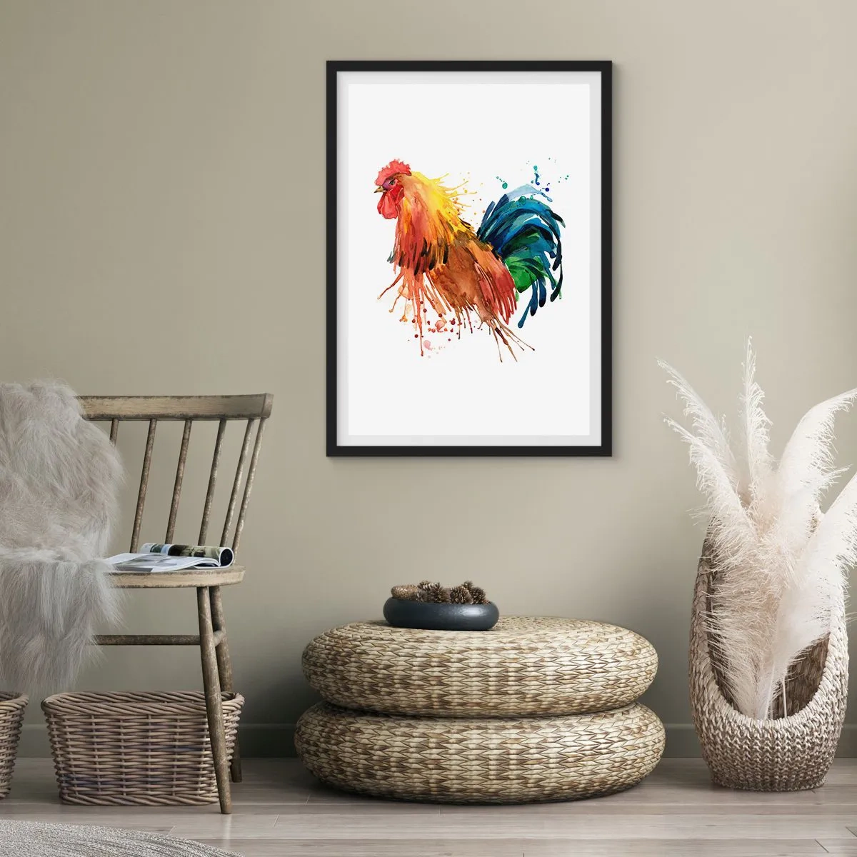 Plakat i sort ramme - Farverig hane i akvarelstil - 50x70cm - Kongelig kappe, kongelig stolthed - Moderne vægdekoration til stue og soveværelse ARTTOR