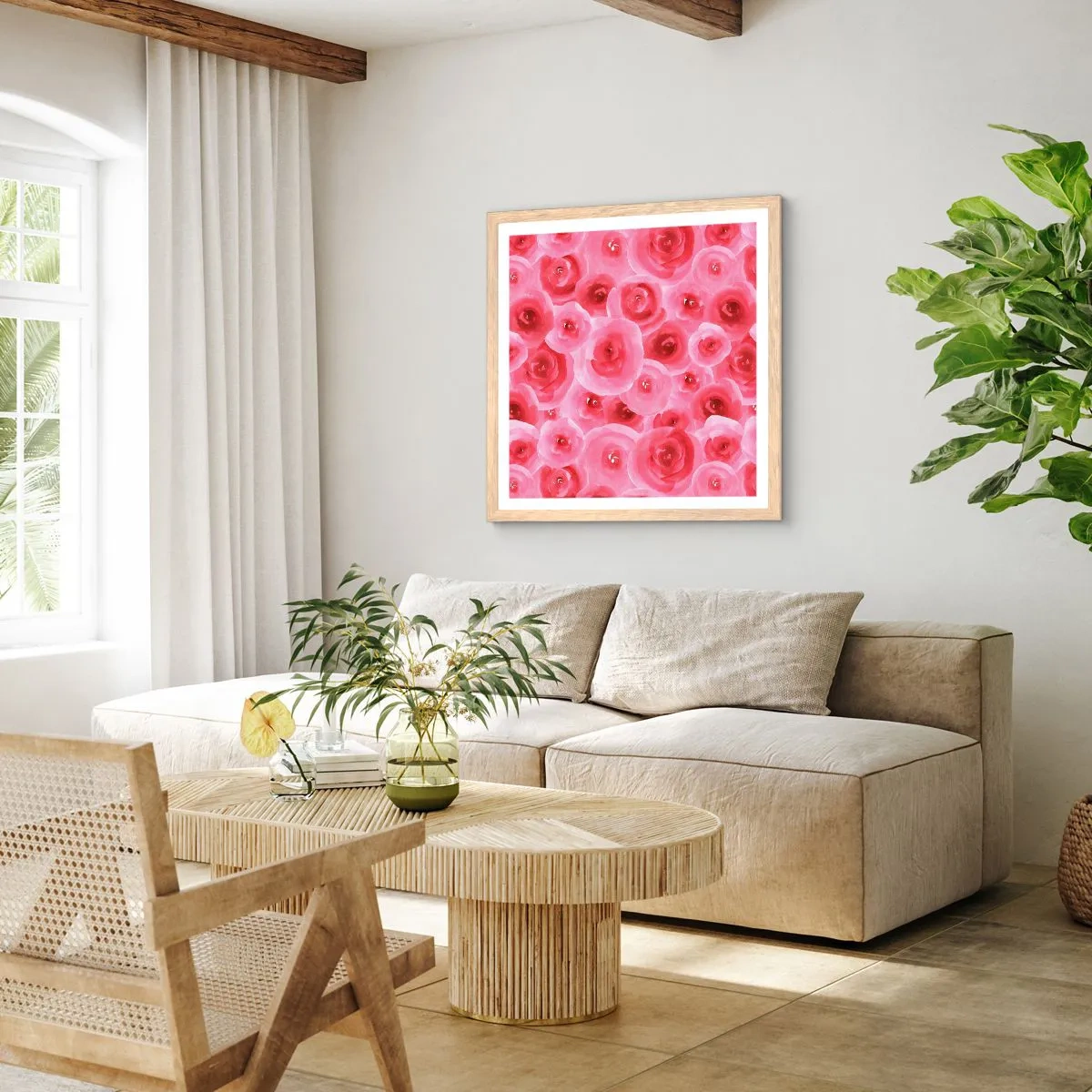 Plakat i ramme af lyst egetræ - Roser under og over - 60x60 cm