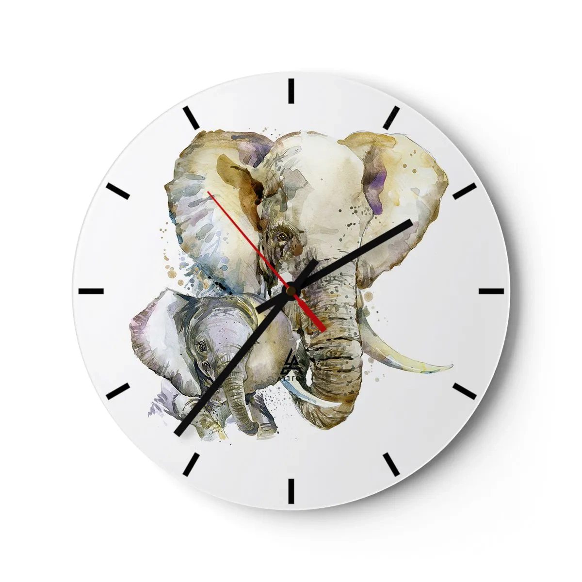 Vægur, Uret - En elefant med en kalv i akvarelstil - 30x30cm - Der er intet sted som hos mor - Moderne vægdekoration til stue, køkken og soveværelse ARTTOR
