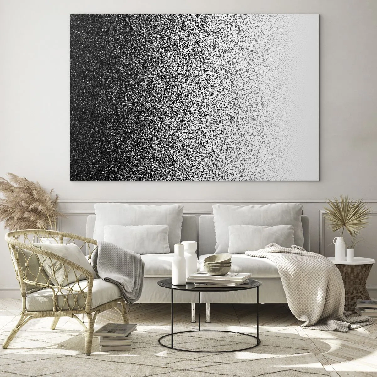 Billede på glas - Sort-hvid gradient med kornede og lyse effekter - 70x50cm - På vej mod lyset - Moderne vægdekoration til stue og soveværelse ARTTOR