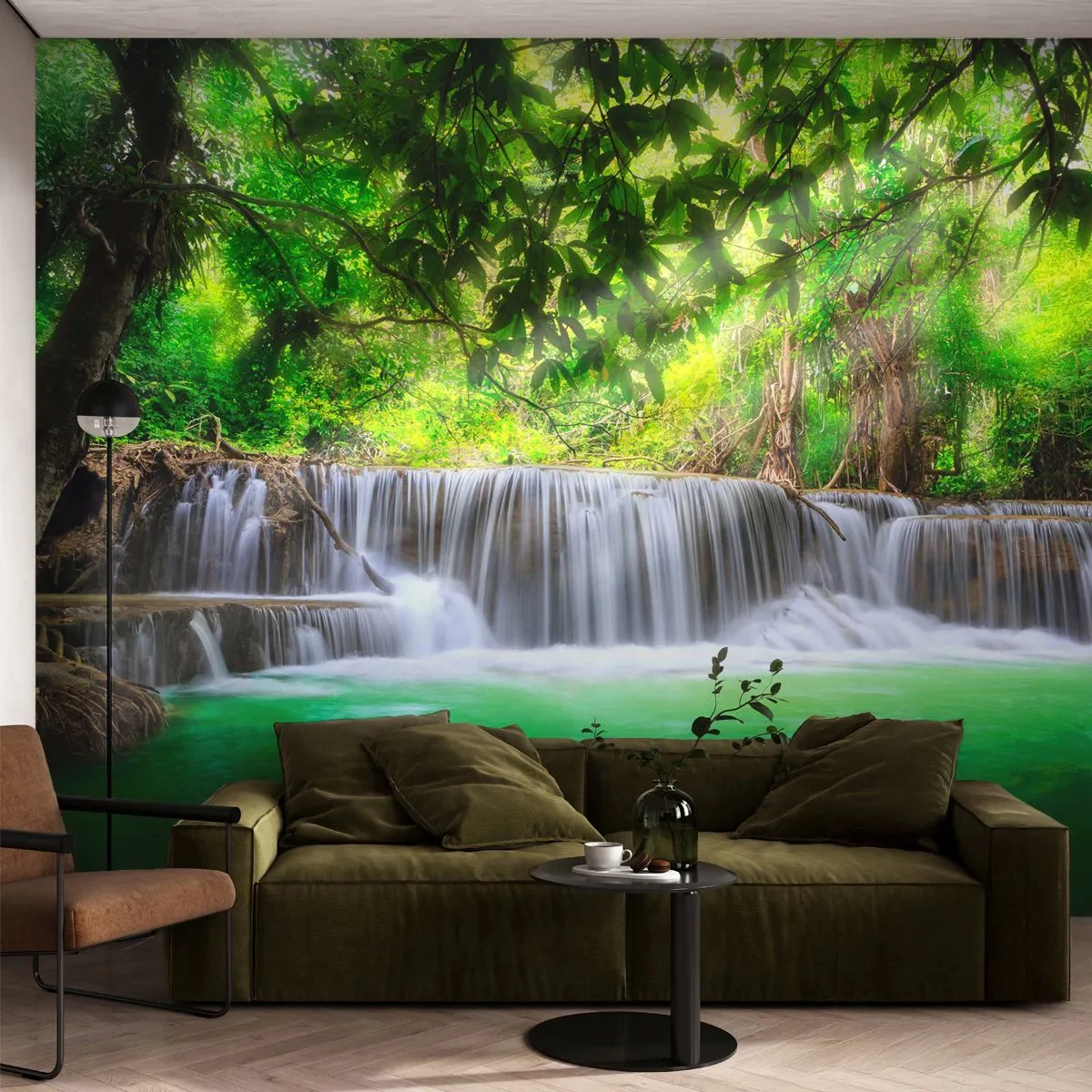 Fototapet Premium Canvas - Kaskade i grønt - Landskab, Vandfald, Nationalpark - 400x280 cm