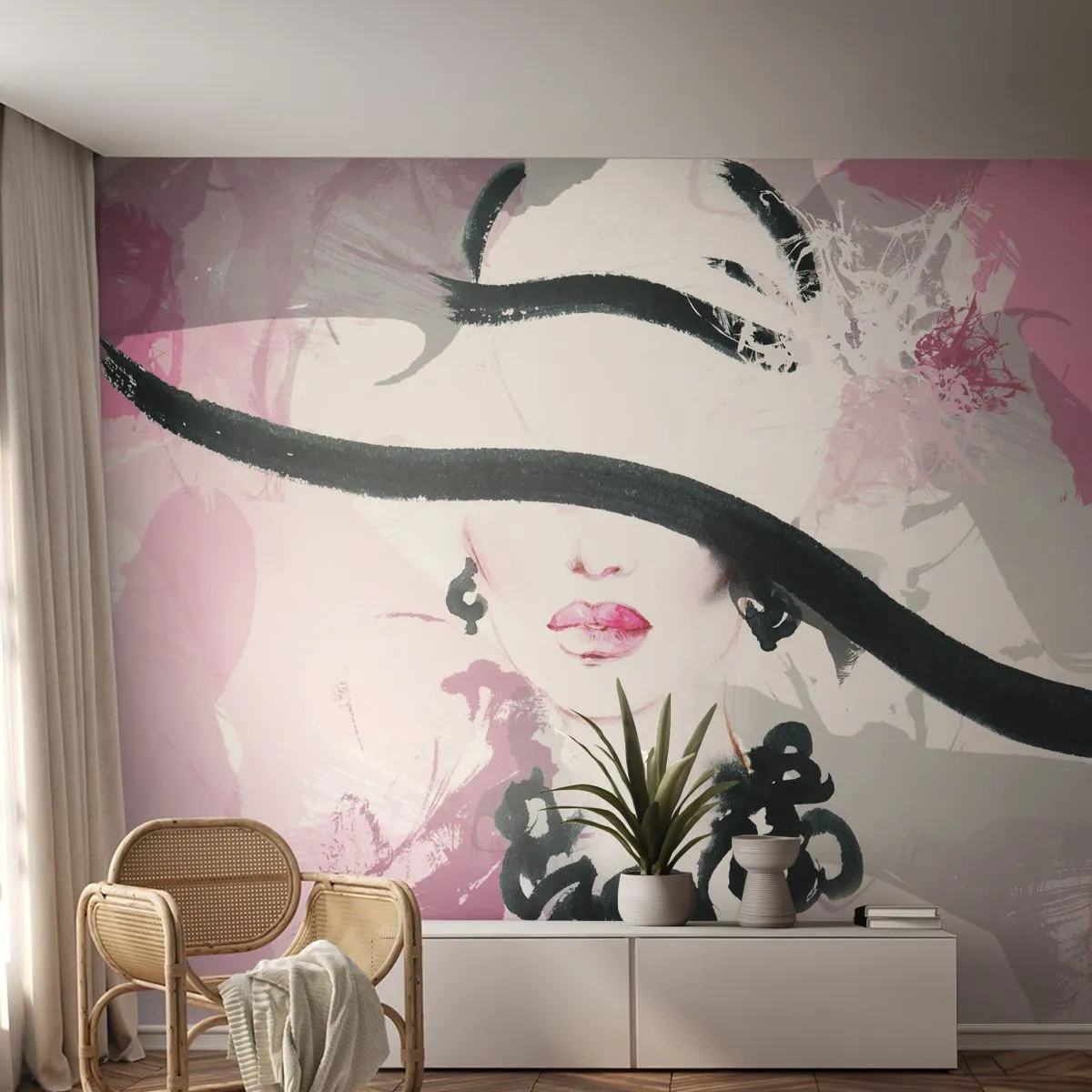Fototapet Selvklæbende Deluxe Sticker - Portræt af en dame i sort og lyserødt - Kvinde, Kvindens ansigt, Abstraktion - 150x105 cm