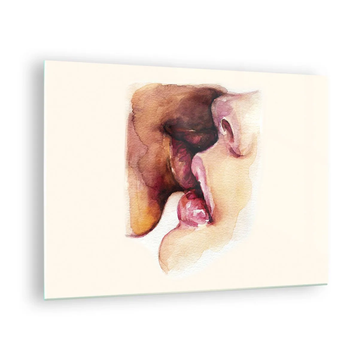 Billede på glas - Kunstnerisk akvarel kys af to ansigter på en lys baggrund - 70x50cm - Som nat og dag, jord og himmel - Moderne vægdekoration til stue og soveværelse ARTTOR