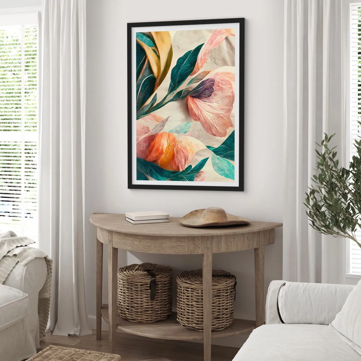 Plakat i sort ramme - Farverige blomster og blade i en kunstnerisk komposition - 50x70cm - Blomster på de sydlige øer - Moderne vægdekoration til stue og soveværelse ARTTOR
