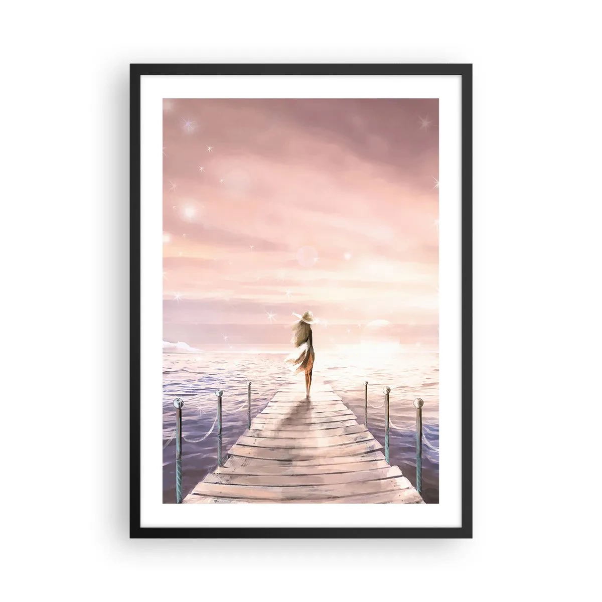 Plakat i sort ramme - Romantisk solnedgangsmole med en kvinde i en hat - 50x70cm - I lyset af en drøm - Moderne vægdekoration til stue og soveværelse ARTTOR