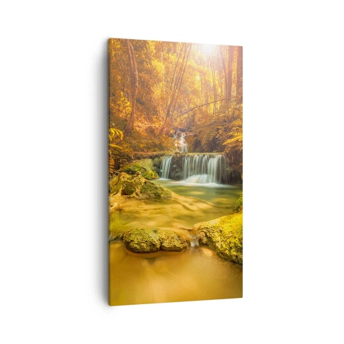 Lærredstryk - Billede på lærred - Skovkaskade i guld - 45x80 cm