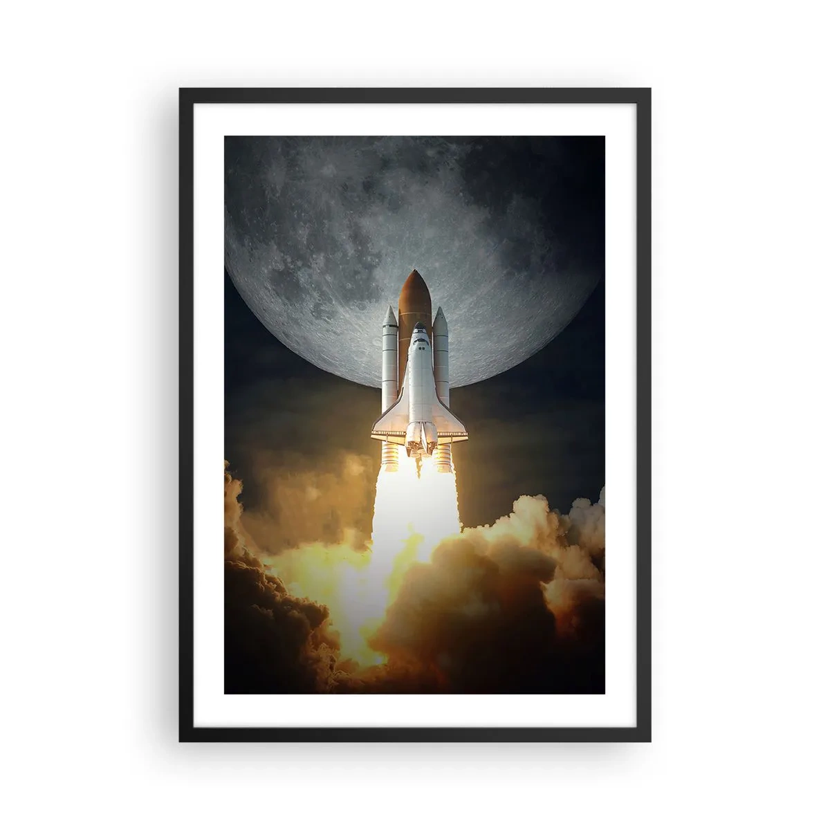 Plakat i sort ramme - Rumfærgeopsendelse med månen i baggrunden - 50x70cm - Begyndelsen på et overjordisk eventyr - Moderne vægdekoration til stue og soveværelse ARTTOR