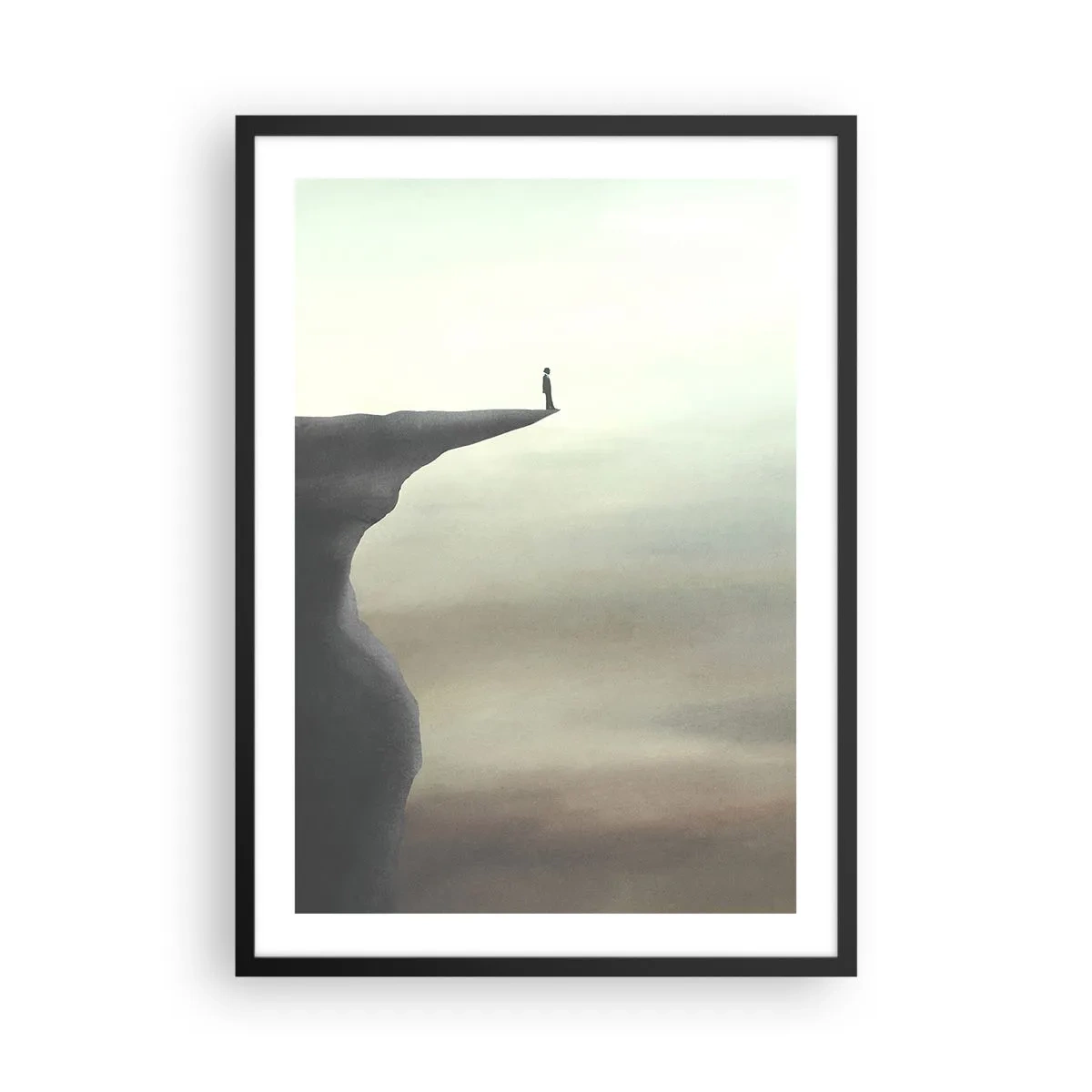 Plakat i sort ramme - Silhuet af en kvinde, der står på kanten af en klippe - 50x70cm - Opad, selvfølgelig! - Moderne vægdekoration til stue og soveværelse ARTTOR