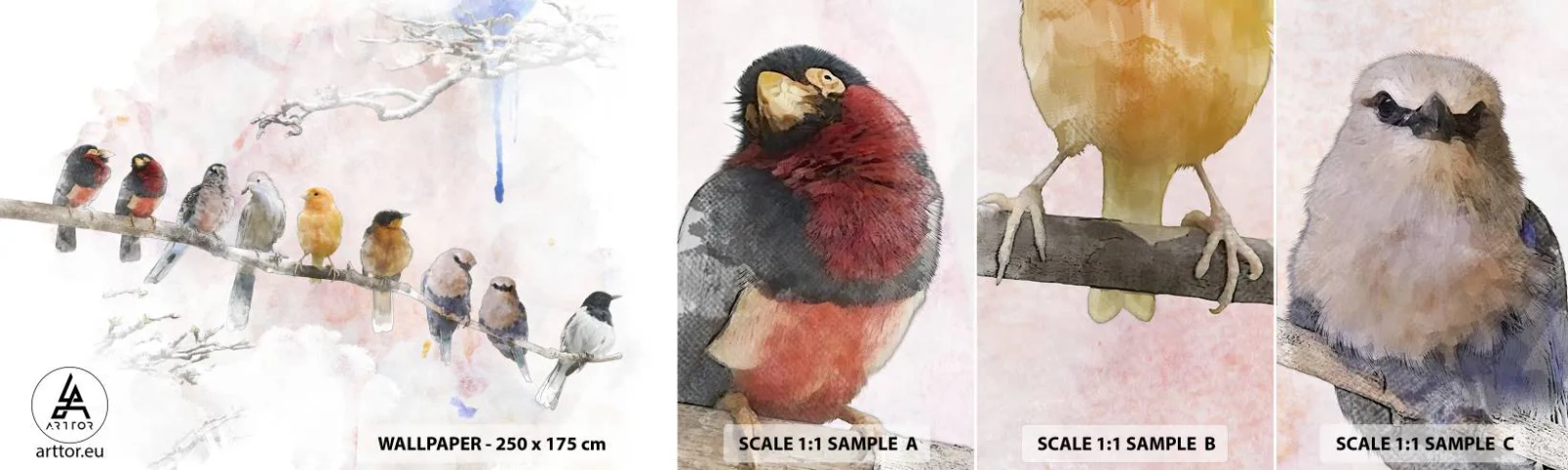 Prøve Fototapet Selvklæbende Deluxe Sticker - Møde med vinger - Fugle, Natur, Grafik - 100x30 cm