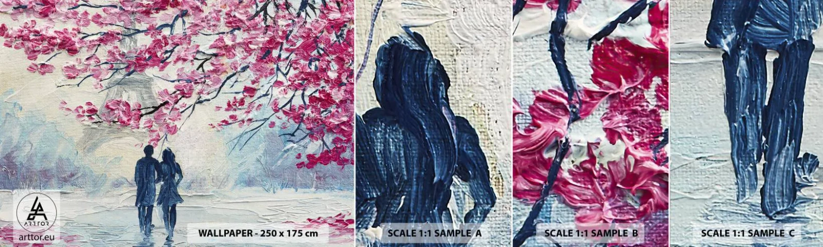 Fototapet Prøve Standard Eco - Romantisk gåtur - Paris, Eiffeltårnet, Forelsket par - 100x30 cm