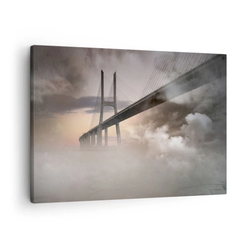 Lærredstryk - Billede på lærred - En bro over en flod omgivet af tåge om morgenen - 70x50cm - På en flod, der ikke eksisterer - Moderne vægdekoration til stue og soveværelse ARTTOR