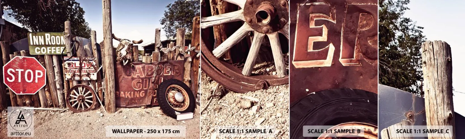 Prøve Fototapet Selvklæbende Deluxe Sticker - Og tiden er stoppet - Vejskilt, Rute 66, USA - 100x30 cm