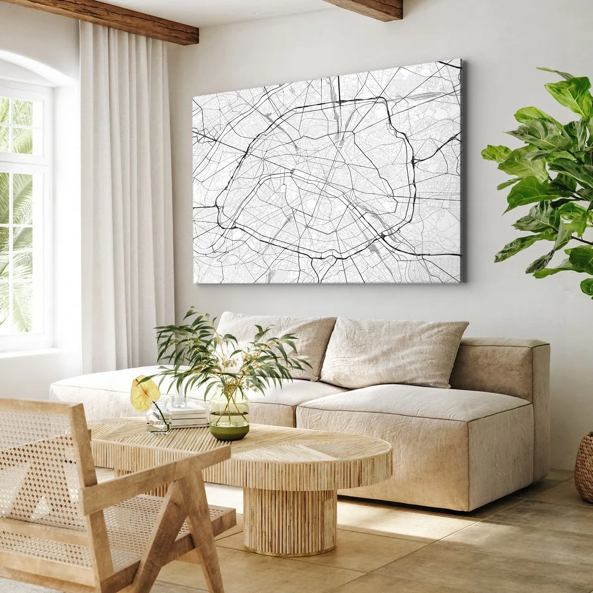 Lærredstryk - Billede på lærred - Minimalistisk bykort i sort-hvid - 70x50cm - Paris' blomst - Moderne vægdekoration til stue og soveværelse ARTTOR
