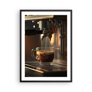 Plakat i sort ramme - En kaffemaskine, der hælder espresso i en kop - 50x70cm - En sensuel blanding - Moderne vægdekoration til stue og soveværelse ARTTOR