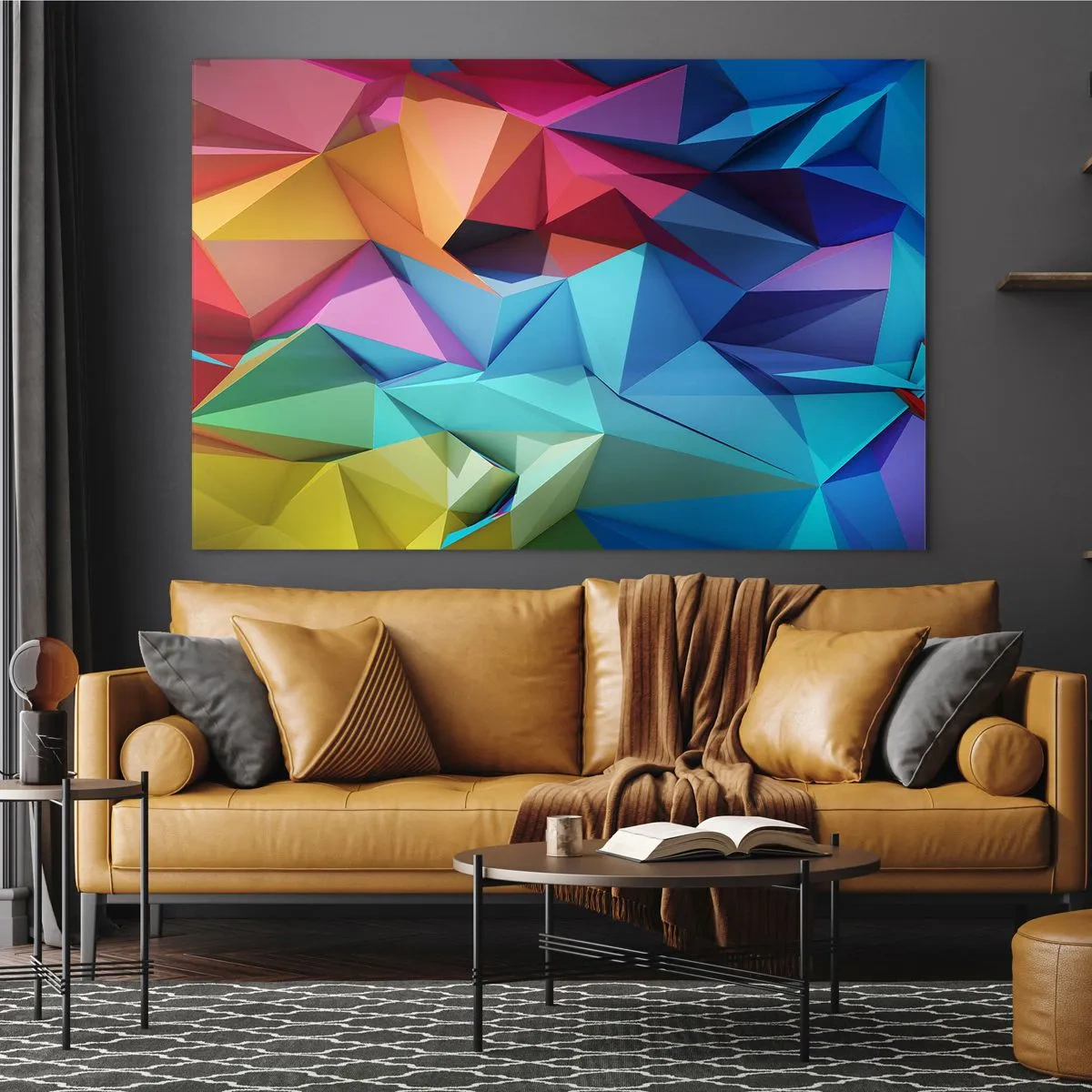 Billede på glas - Geometrisk komposition i intense, flerfarvede nuancer - 70x50cm - Regnbue origami - Moderne vægdekoration til stue og soveværelse ARTTOR