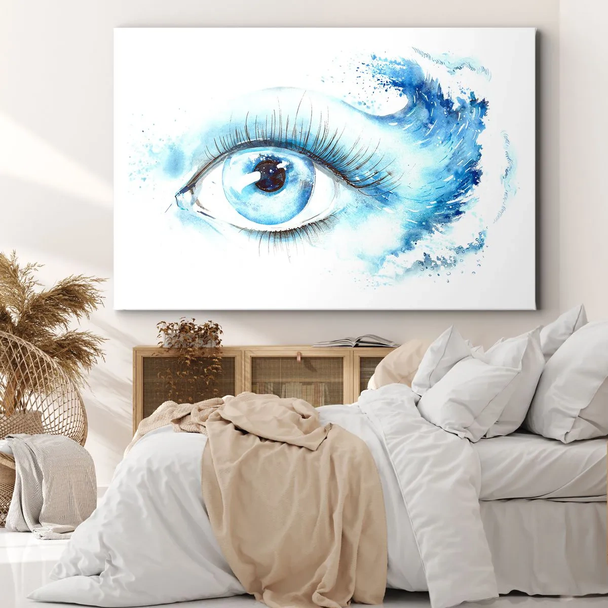 Lærredstryk - Billede på lærred - Kunstnerisk akvarel af et øje med en dynamisk bølge - 70x50cm - Fordyb dig i det blå i dit blik - Moderne vægdekoration til stue og soveværelse ARTTOR