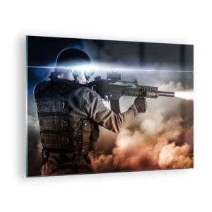 Billede på glas - En soldat i aktion affyrer en riffel mod en baggrund af røg. - 70x50cm - Bare en helt - Moderne vægdekoration til stue og soveværelse ARTTOR
