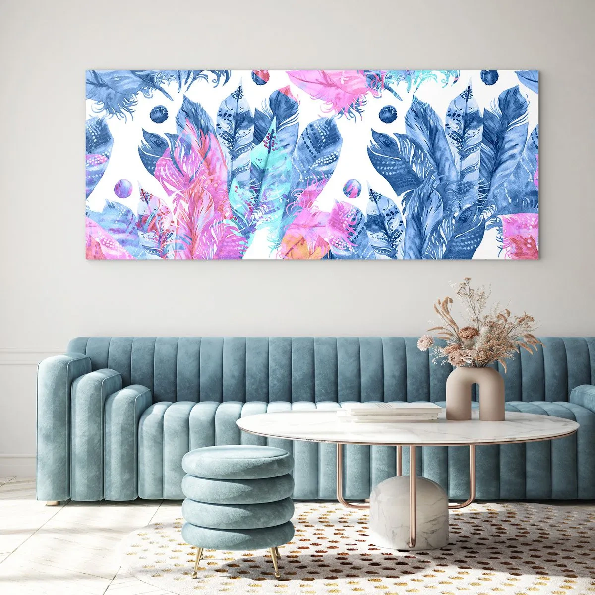 Billede på glas - Plys i lyserød og blå - 90x30 cm
