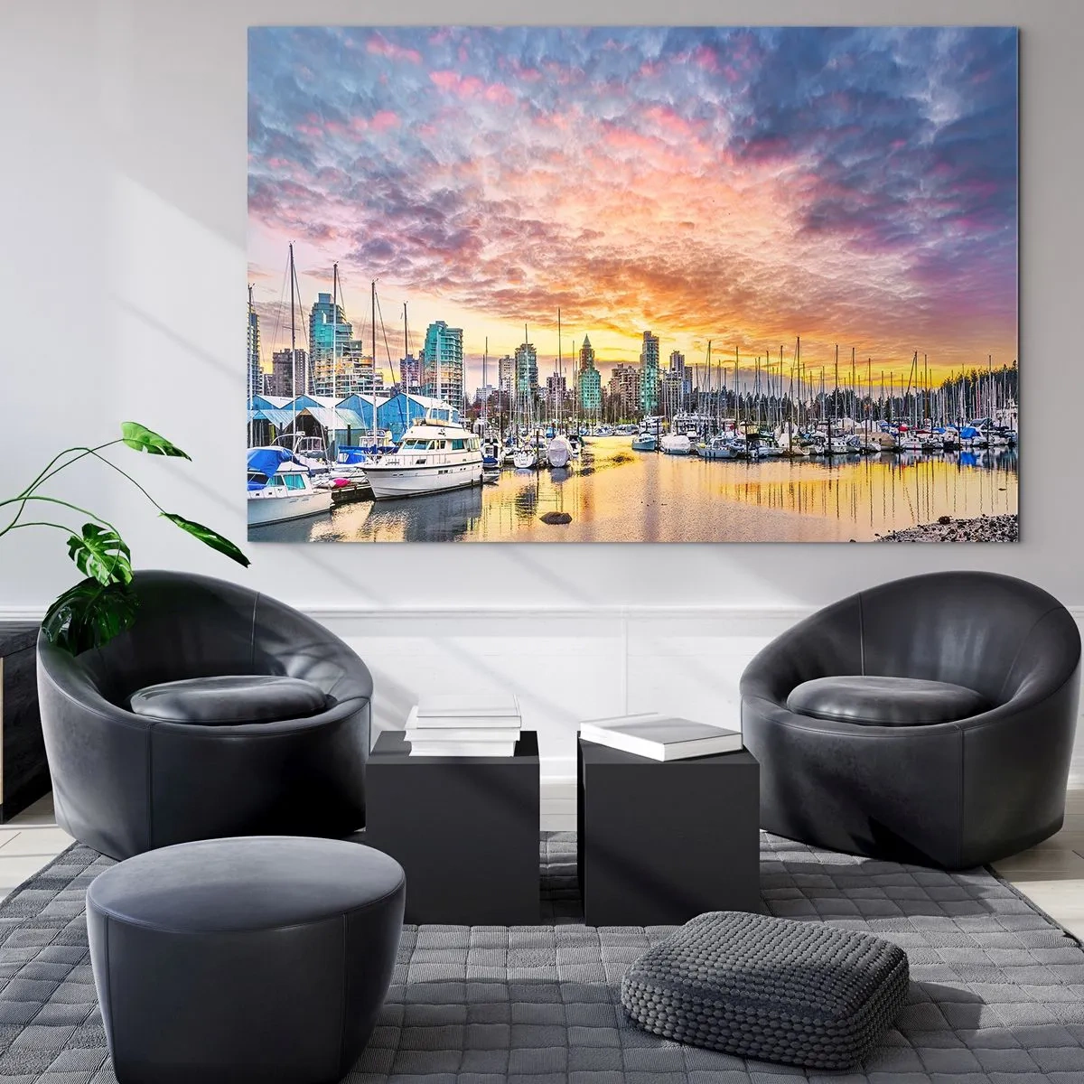 Billede på glas - Solnedgang over marinaen med både og skyskrabere - 70x50cm - By med tusind sømænd - Moderne vægdekoration til stue og soveværelse ARTTOR