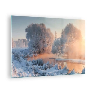 Billede på glas - Vinterlandskab med en frossen sø og morgentåge - 70x50cm - Alt lyser i solskinnende krystal - Moderne vægdekoration til stue og soveværelse ARTTOR