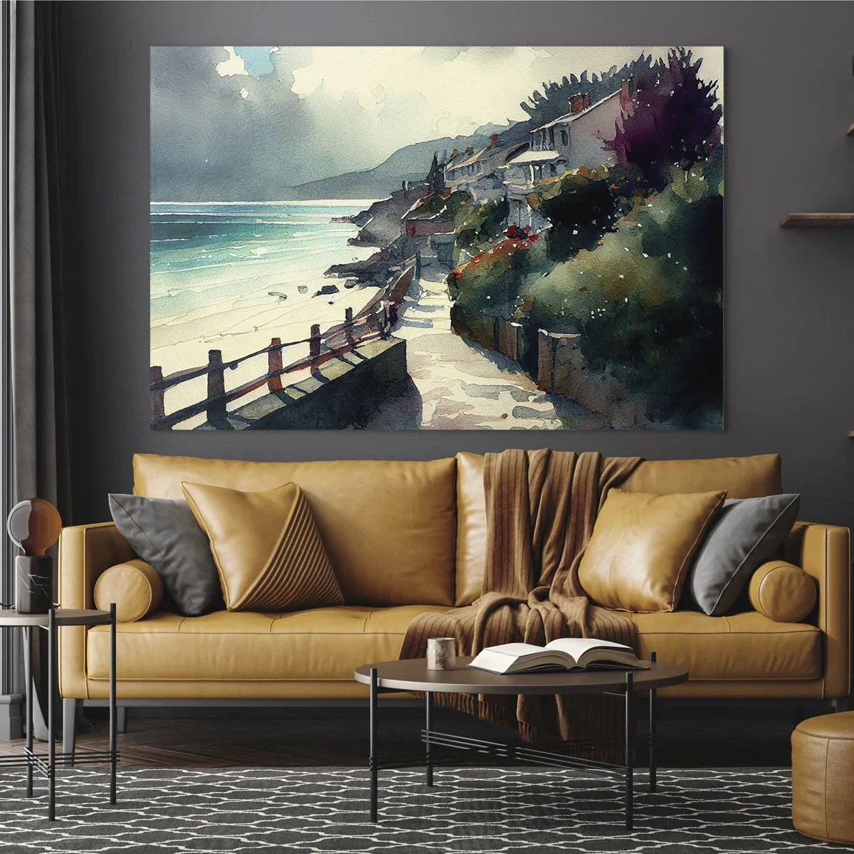 Billede på glas - En strandpromenade med farverige huse og vand - 70x50cm - Middelhavsby - Moderne vægdekoration til stue og soveværelse ARTTOR