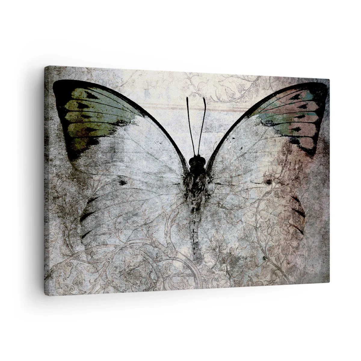 Lærredstryk - Billede på lærred - En sommerfugl i nuancer af grønt og gråt på en dekorativ baggrund - 70x50cm - I Art Nouveau stil - Moderne vægdekoration til stue og soveværelse ARTTOR