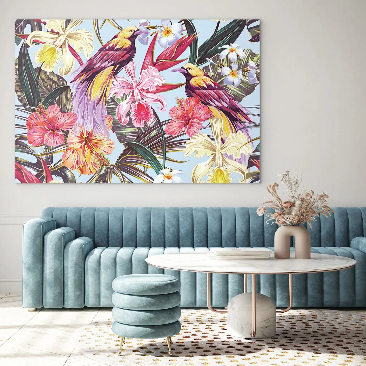 Billede på glas - Eksotiske fugle og blomster på en lys baggrund - 70x50cm - Kronblade og fjer - Moderne vægdekoration til stue og soveværelse ARTTOR