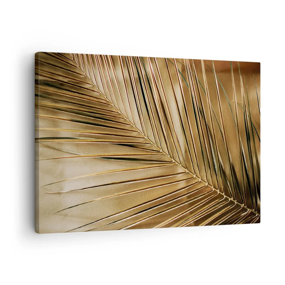 Lærredstryk - Billede på lærred - Gyldent palmeblad på en solid baggrund - 70x50cm - Naturlig kolonnade - Moderne vægdekoration til stue og soveværelse ARTTOR