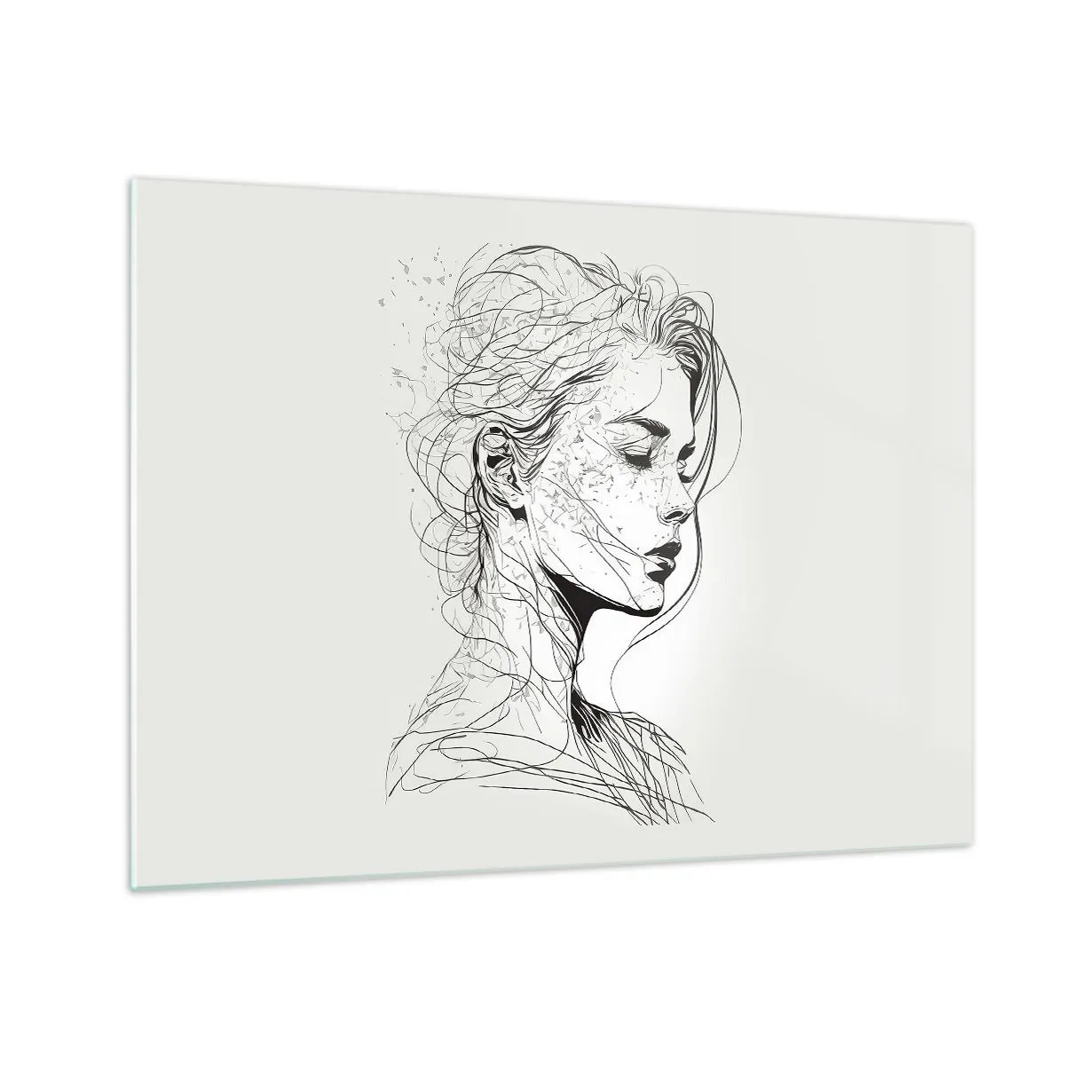 Billede på glas - En sort-hvid skitse af en kvinde med lukkede øjne i en fin linje. - 70x50cm - Portræt i drømmeri - Moderne vægdekoration til stue og soveværelse ARTTOR