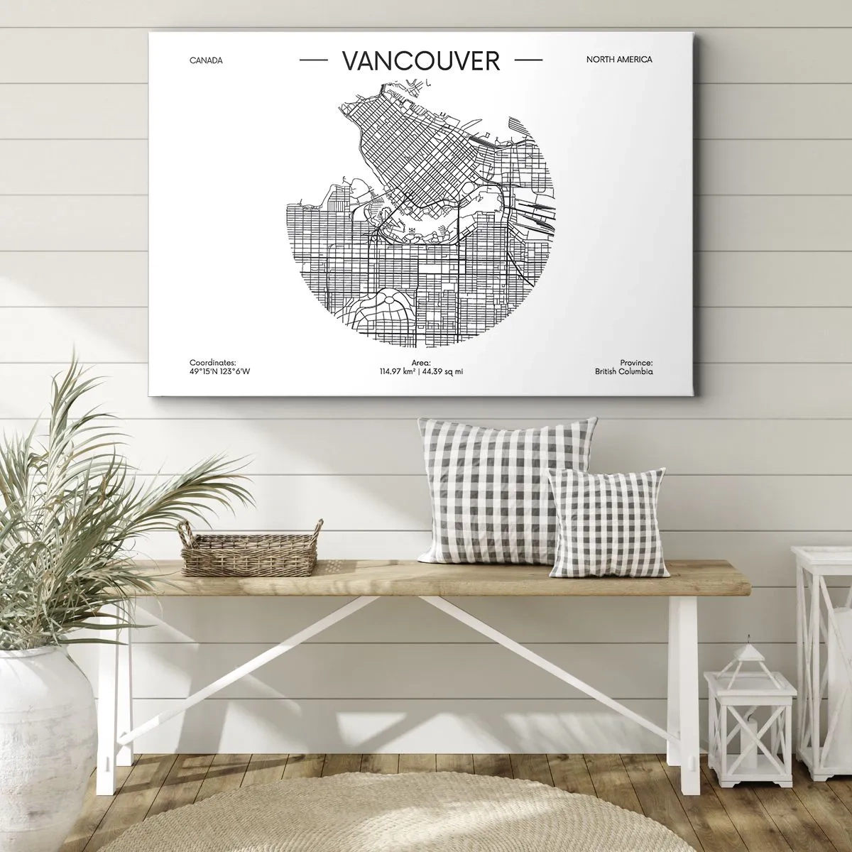 Lærredstryk - Billede på lærred - Et kort over Vancouver i minimalistisk sort-hvid stil - 70x50cm - Anatomi af Vacouver - Moderne vægdekoration til stue og soveværelse ARTTOR