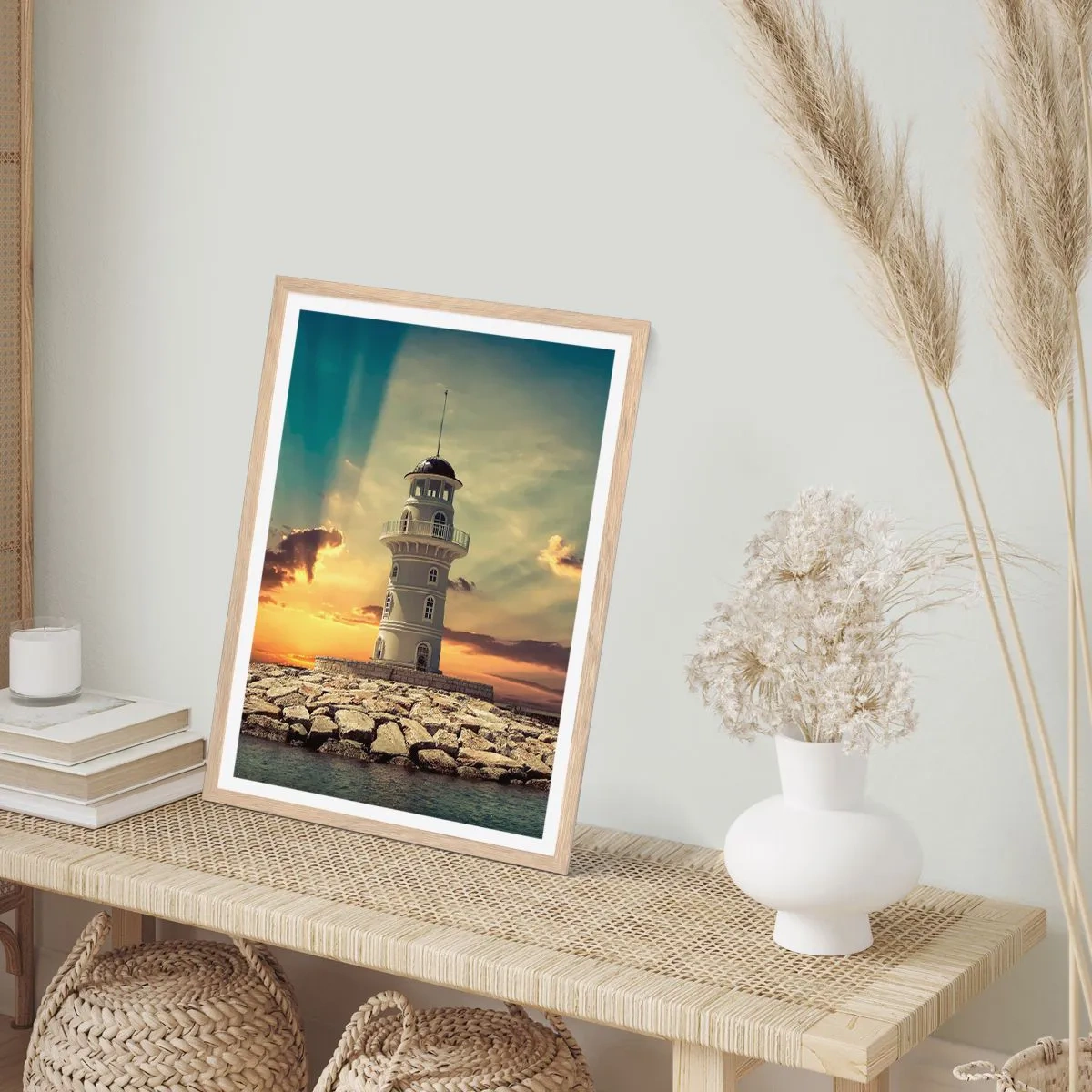 Plakat i ramme af lyst egetræ - Lys - Godhed - Skønhed - 30x40 cm