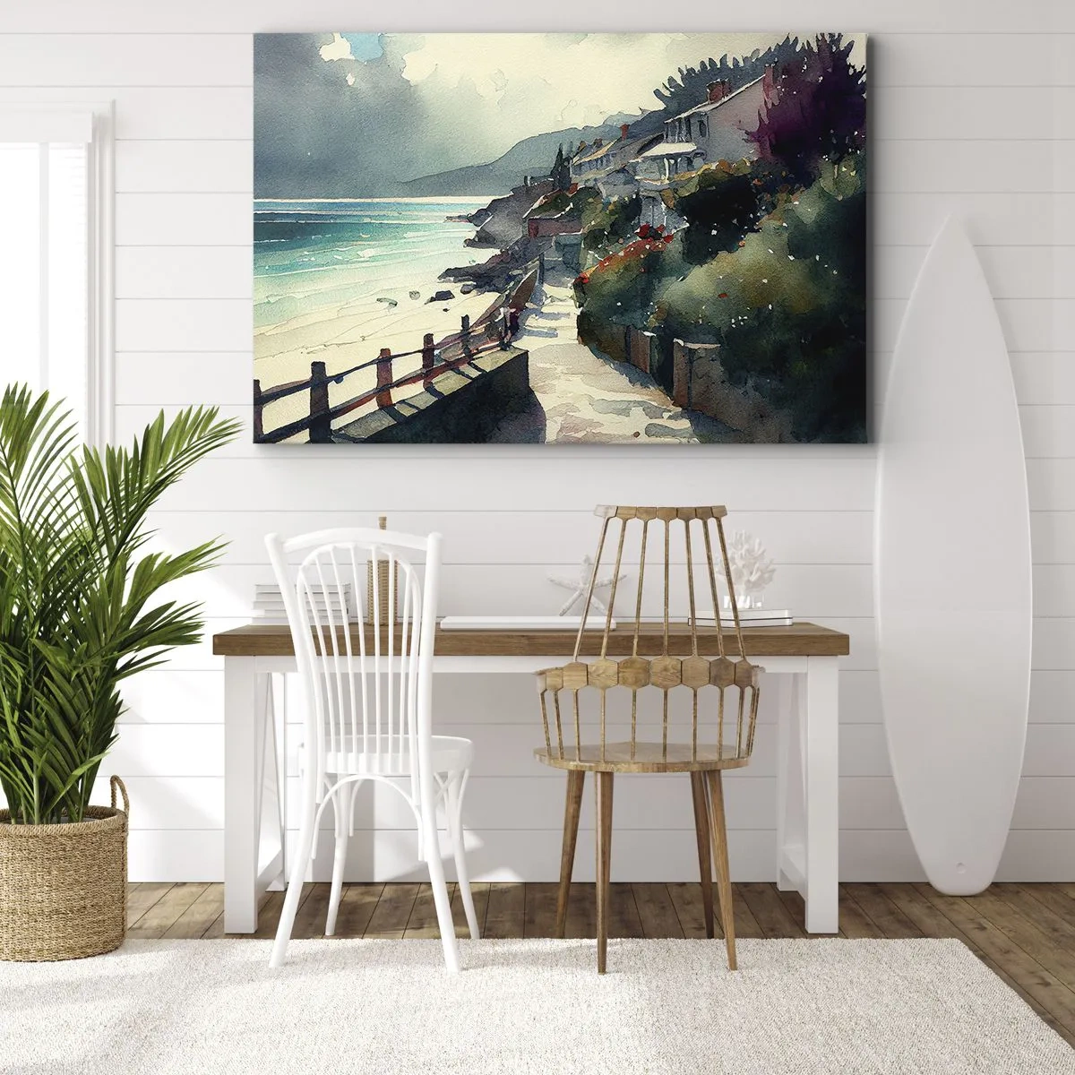 Lærredstryk - Billede på lærred - Strandpromenade med huse og vegetation - 70x50cm - Middelhavsby - Moderne vægdekoration til stue og soveværelse ARTTOR