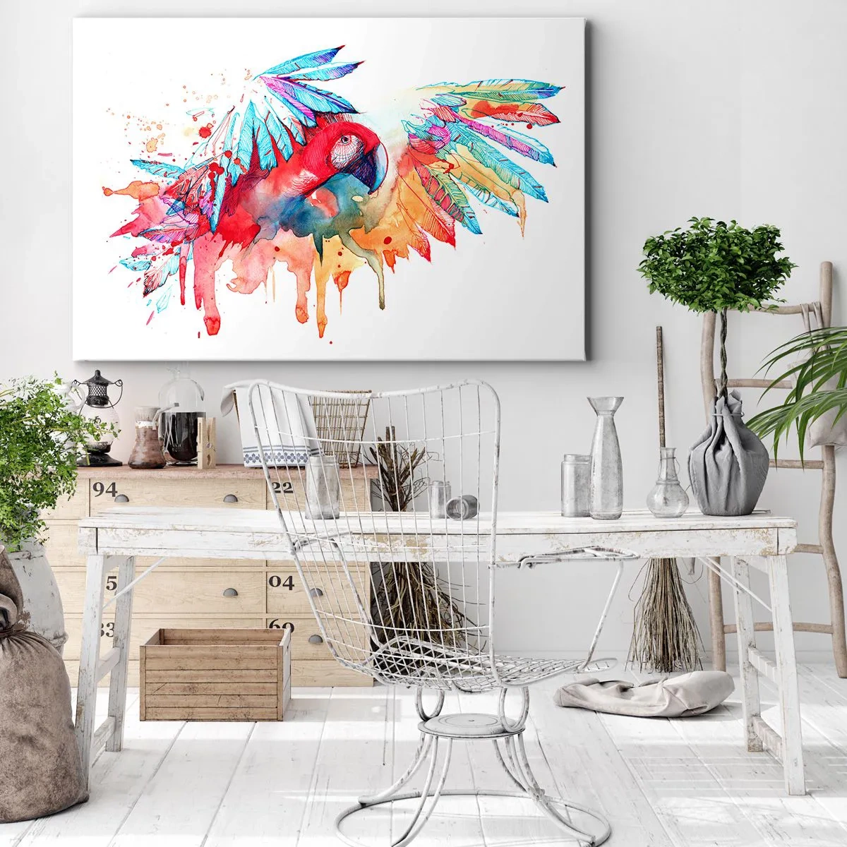 Lærredstryk - Billede på lærred - En papegøje i kunstnerisk akvarelstil - 70x50cm - Farverige papegøjer - Moderne vægdekoration til stue og soveværelse ARTTOR