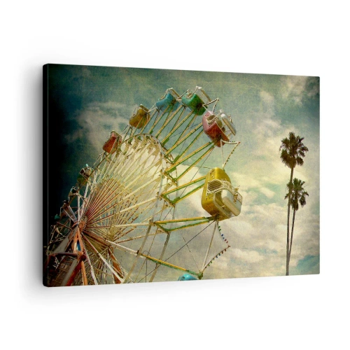 Lærredstryk - Billede på lærred - Retrofoto af et pariserhjul med palmer mod himlen - 70x50cm - Vil være, vil være sjov.... - Moderne vægdekoration til stue og soveværelse ARTTOR
