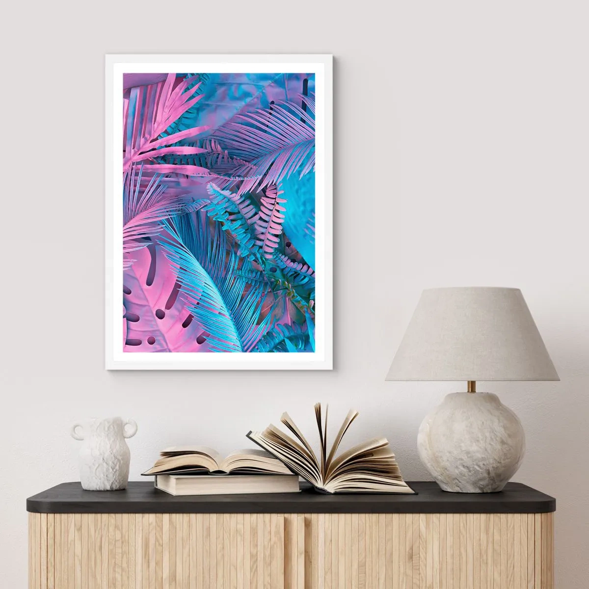 Plakat i hvid ramme - Troperne i lyserød og blå - 40x50 cm