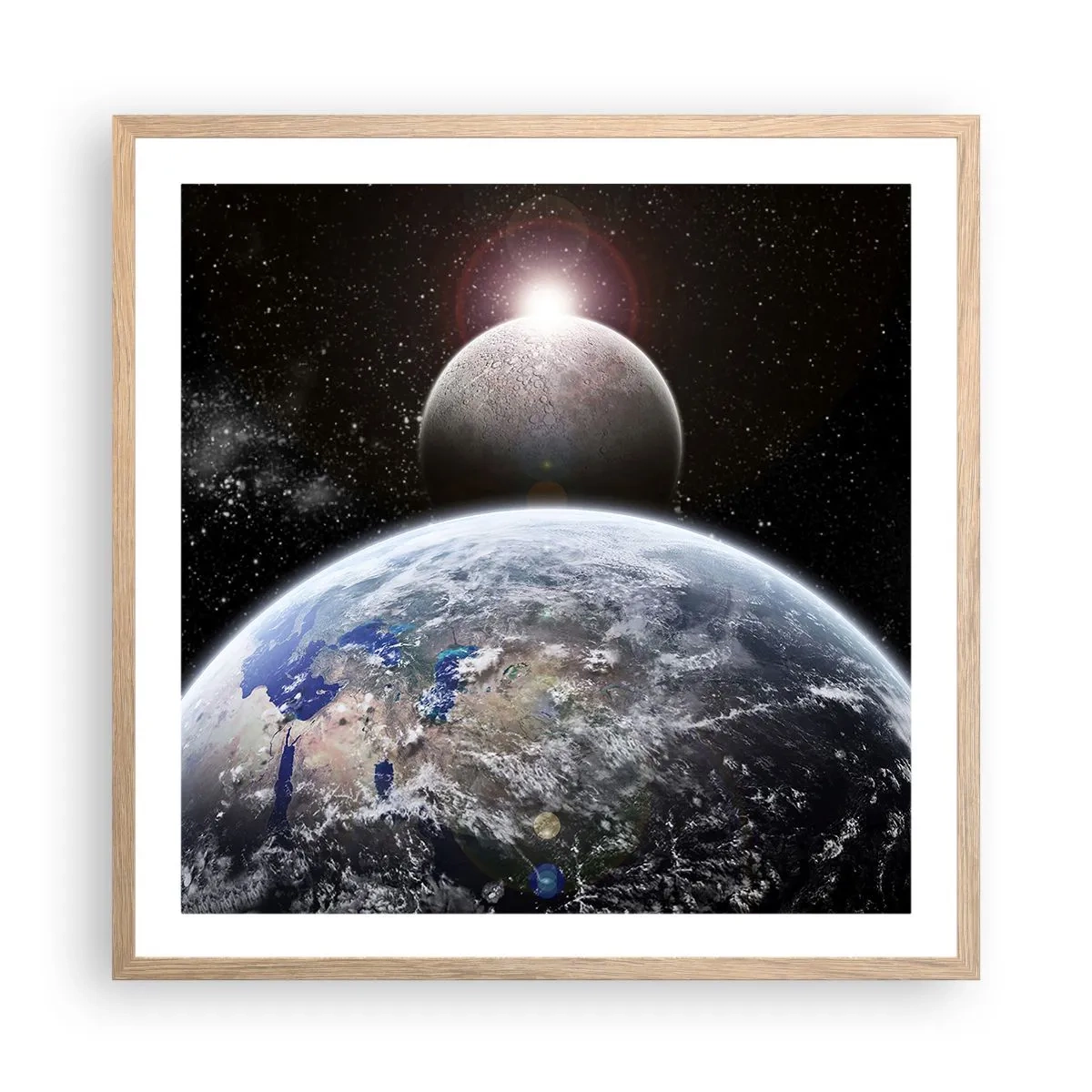 Plakat i ramme af lyst egetræ - Kosmisk landskab - solopgang - 60x60 cm