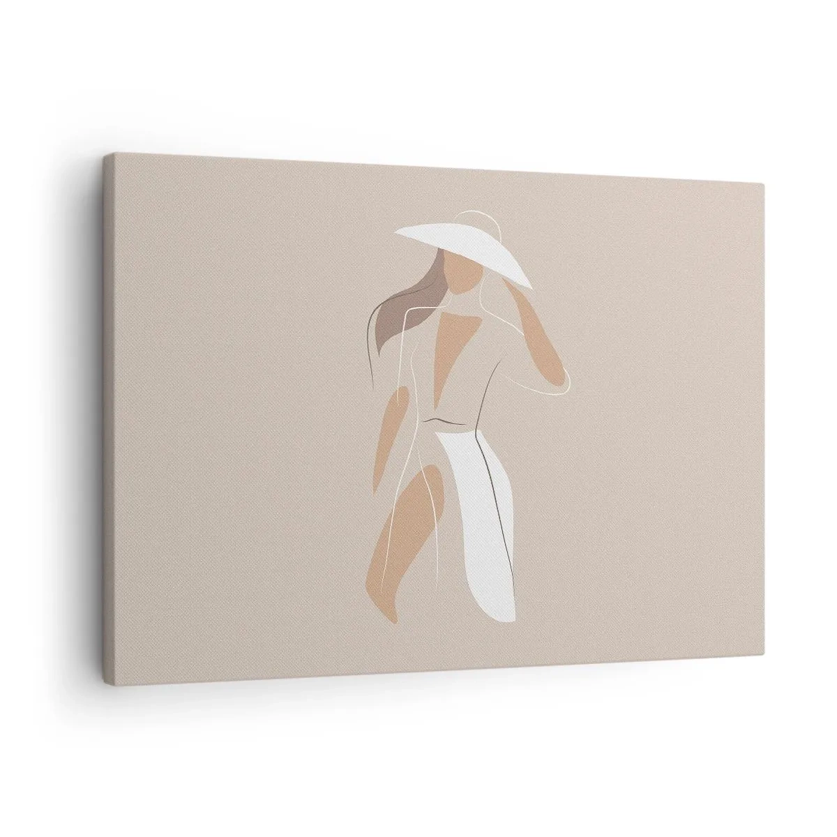 Lærredstryk - Billede på lærred - En minimalistisk tegning af en kvinde i en hat på en beige baggrund. - 70x50cm - Mode er sjovt - Moderne vægdekoration til stue og soveværelse ARTTOR