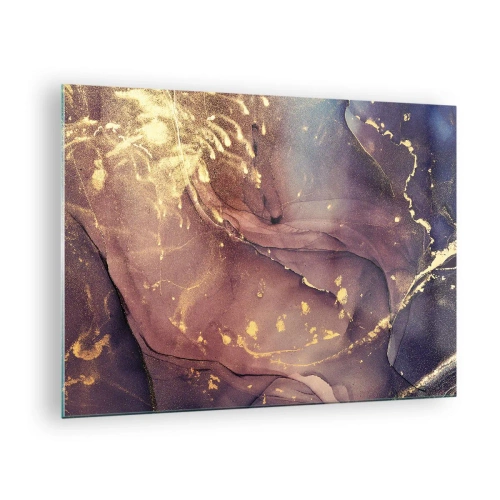 Billede på glas - En abstrakt komposition med lilla og gyldne pletter og struktur. - 70x50cm - Materie og ånd - Moderne vægdekoration til stue og soveværelse ARTTOR