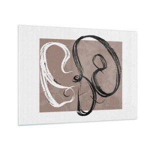 Billede på glas - Dynamiske penselstrøg i sort og hvid på en beige baggrund. - 70x50cm - Komposition - en søgen efter fuldstændighed - Moderne vægdekoration til stue og soveværelse ARTTOR