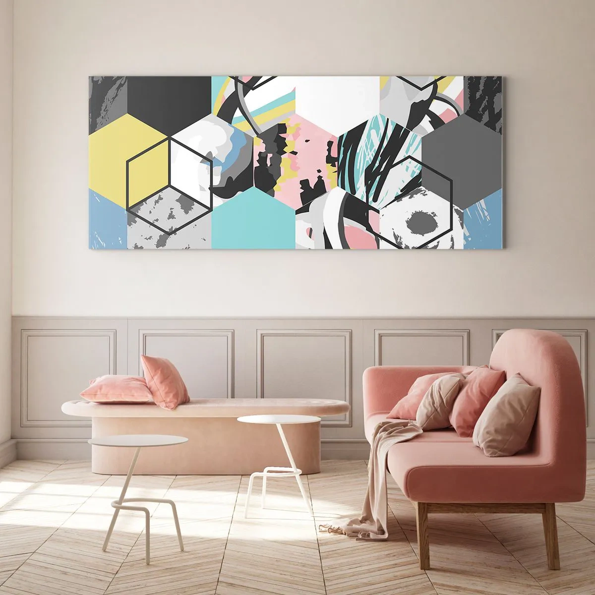 Billede på glas - Sekskanter og terninger i seks farver - 120x50 cm